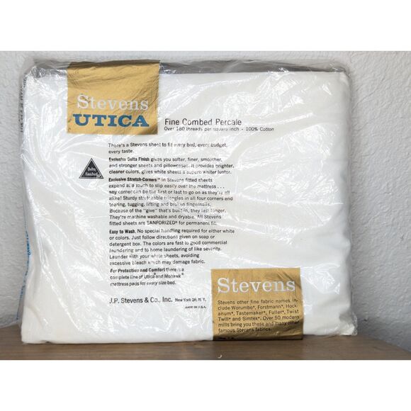NOS Vintage Stevens Utica Fitted Sheet White 54 x 76 Fine Combed Percale Cotton - Picture 2 of 6